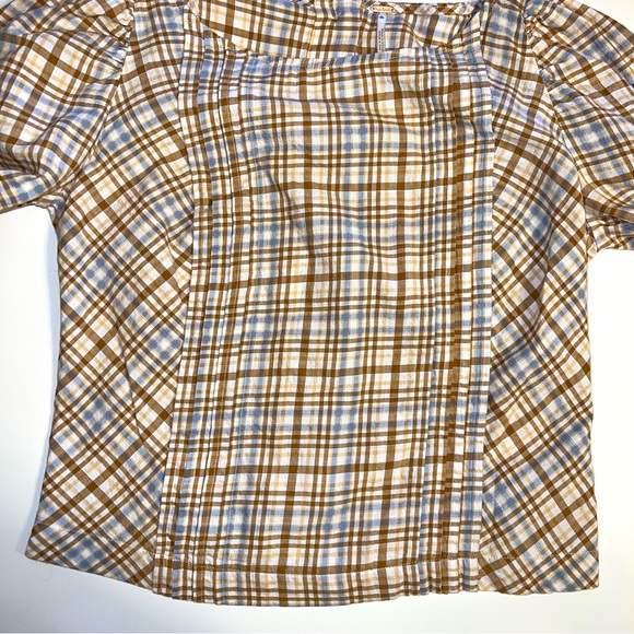 Free People Tan/Blue Plaid Back Button Up Puff Sleeve Blouse Sz S - Picture 4 of 15